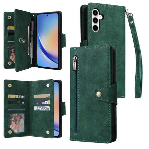 Samsung Galaxy A35 5G Rivet Buckle 9 Cards 3-Fold Wallet Leather Phone Case - Green