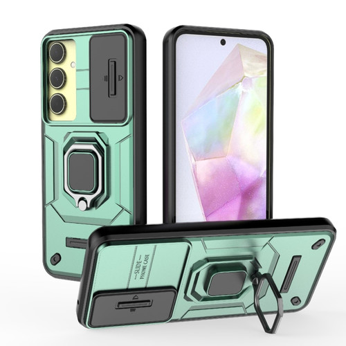 Samsung Galaxy A35 5G Sliding Camshield TPU + PC Shockproof Phone Case with Holder - Green