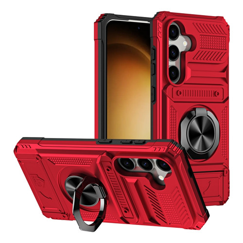 Samsung Galaxy A35 5G TPU+PC Shockproof Card Phone Case with Metal Ring Holder - Red