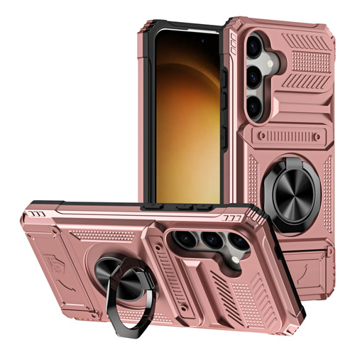 Samsung Galaxy A35 5G TPU+PC Shockproof Card Phone Case with Metal Ring Holder - Rose Gold