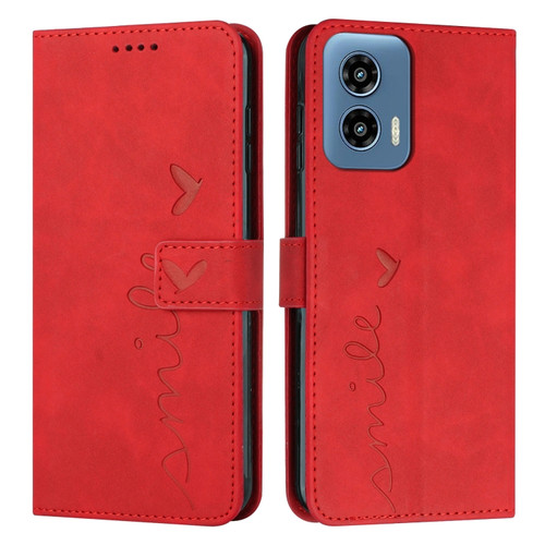 Motorola Moto G 5G 2024 Skin Feel Heart Embossed Leather Phone Case with Long Lanyard - Red