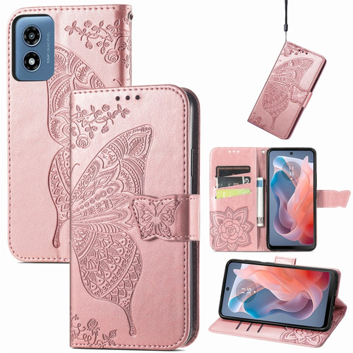 Motorola Moto G Play 2024 Butterfly Love Flower Embossed Leather Phone Case - Rose Pink