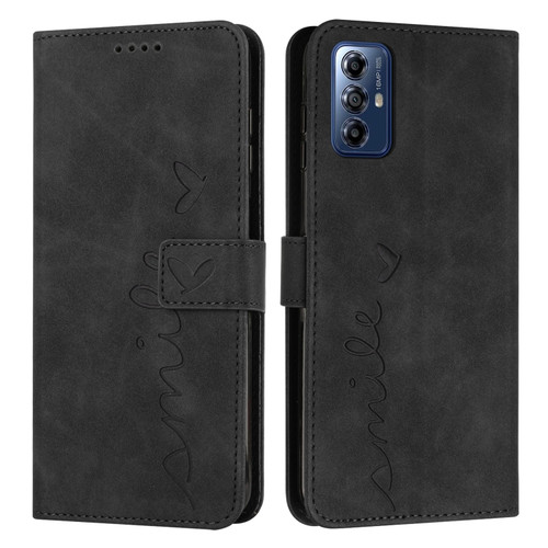 Motorola Moto G Play 2024 Skin Feel Heart Embossed Leather Phone Case with Long Lanyard - Black