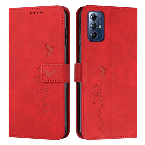 Motorola Moto G Play 2024 Skin Feel Heart Embossed Leather Phone Case with Long Lanyard - Red