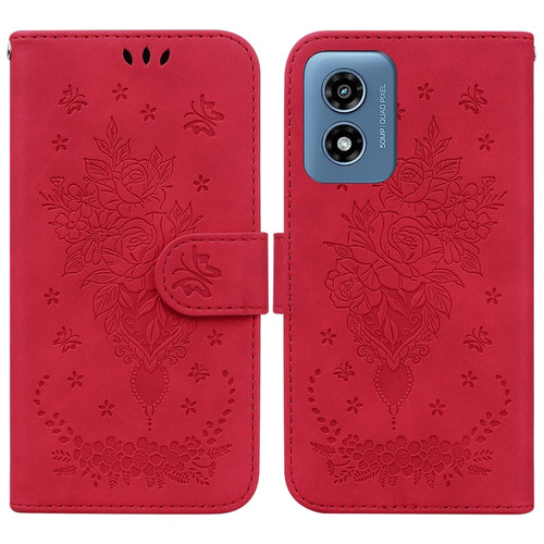 Motorola Moto G Play 2024 Butterfly Rose Embossed Leather Phone Case - Red