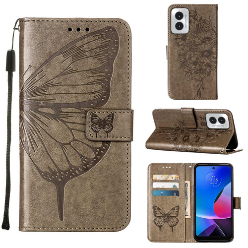 Motorola Moto G Play 2024 Embossed Butterfly Leather Phone Case - Grey