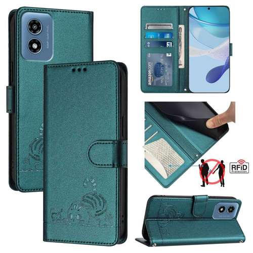 Motorola Moto G Play 2024 Global Cat Rat Embossed Pattern RFID Leather Phone Case with Lanyard - Peacock Green