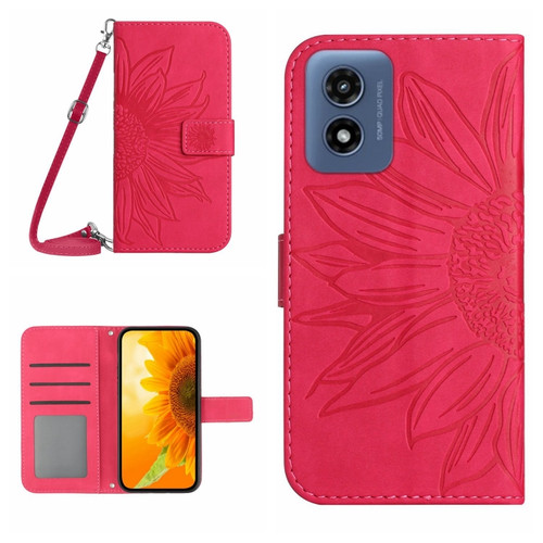 Motorola Moto G Play 2024 HT04 Skin Feel Sun Flower Embossed Flip Leather Phone Case with Lanyard - Rose Red