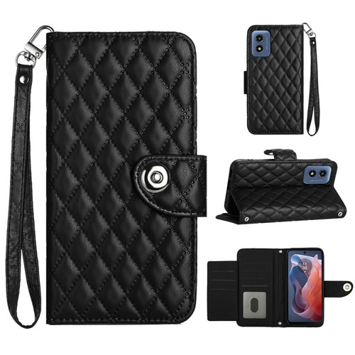 Motorola Moto G Play 2024 Rhombic Texture Flip Leather Phone Case with Lanyard - Black