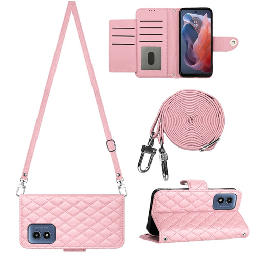 Motorola Moto G Play 2024 Rhombic Texture Flip Leather Phone Case with Long Lanyard - Pink