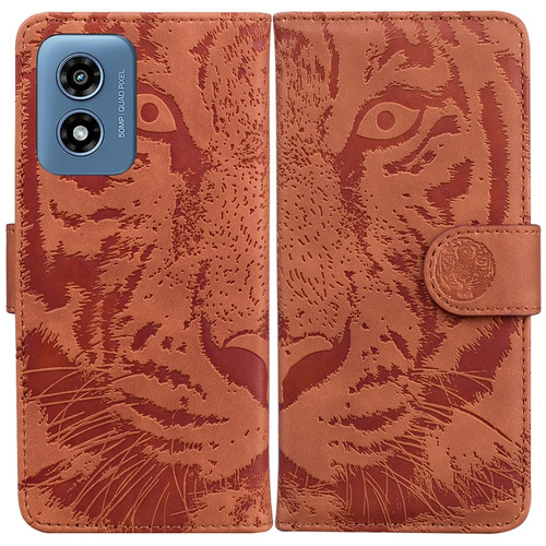 Motorola Moto G Play 2024 Tiger Embossing Pattern Leather Phone Case - Brown