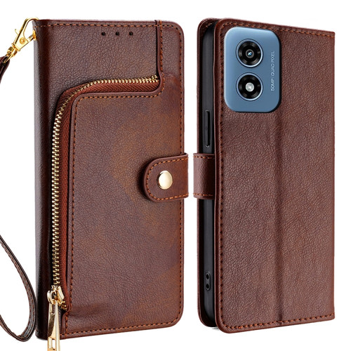 Motorola Moto G Play 2024 Zipper Bag Leather Phone Case - Brown