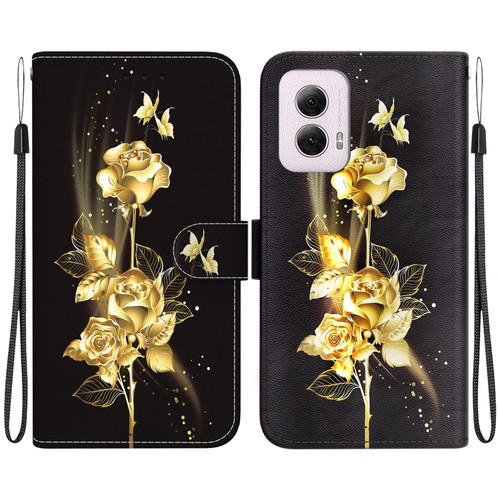 Motorola Moto G Power 5G 2024 Crystal Texture Colored Drawing Leather Phone Case - Gold Butterfly Rose