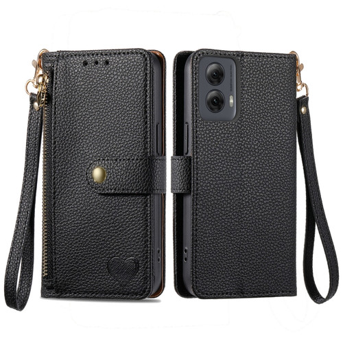 Motorola Moto G Power 5G 2024 Love Zipper Lanyard Leather Phone Case - Black