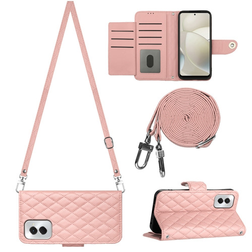 Motorola Moto G Power 5G 2024 Rhombic Texture Flip Leather Phone Case with Long Lanyard - Coral Pink