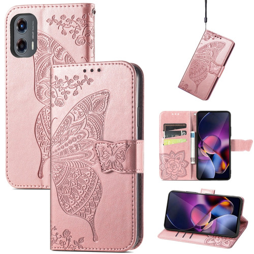 Motorola Moto G Stylus 5G 2024 Butterfly Love Flower Embossed Leather Phone Case - Rose Pink