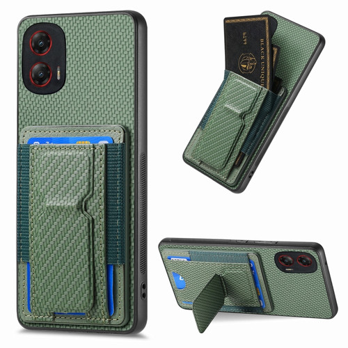 Motorola Moto G Stylus 5G 2024 Carbon Fiber Fold Stand Elastic Card Bag Phone Case - Green