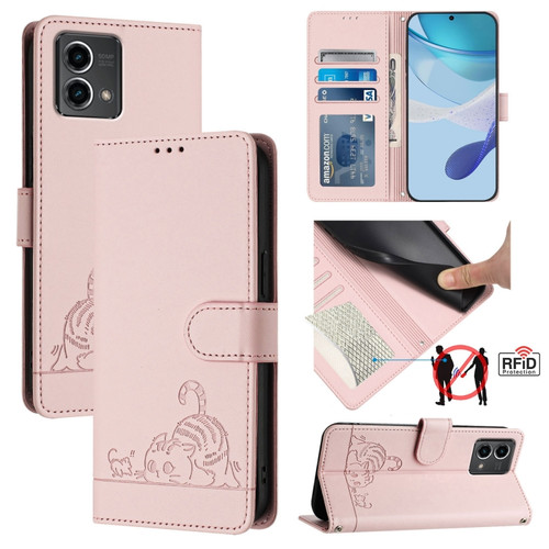Motorola Moto G Stylus 5G 2024 Cat Rat Embossed Pattern RFID Leather Phone Case with Lanyard - Pink