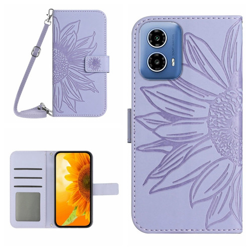 Motorola Moto G Stylus 5G 2024 HT04 Skin Feel Sun Flower Embossed Flip Leather Phone Case with Lanyard - Purple