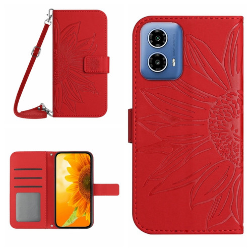 Motorola Moto G Stylus 5G 2024 HT04 Skin Feel Sun Flower Embossed Flip Leather Phone Case with Lanyard - Red