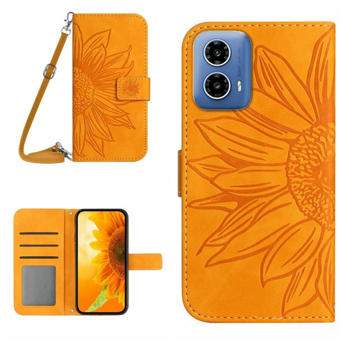 Motorola Moto G Stylus 5G 2024 HT04 Skin Feel Sun Flower Embossed Flip Leather Phone Case with Lanyard - Yellow