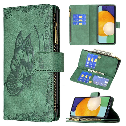 Samsung Galaxy A52 4G / 5G Flying Butterfly Embossing Pattern Zipper Horizontal Flip Leather Case with Holder & Card Slots & Wallet - Green