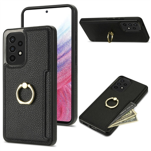 Samsung Galaxy A52 4G/5G Ring Card Litchi Leather Back Phone Case - Black