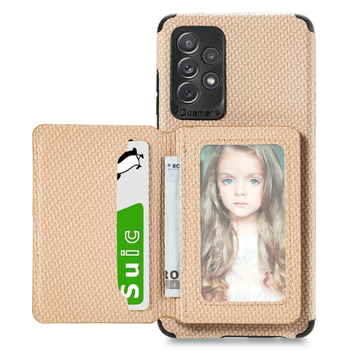 Samsung Galaxy A52 5G / 4G Carbon Fiber Magnetic Card Bag TPU+PU Shockproof Back Cover Case with Holder & Card Slot & Photo Frame - Khaki