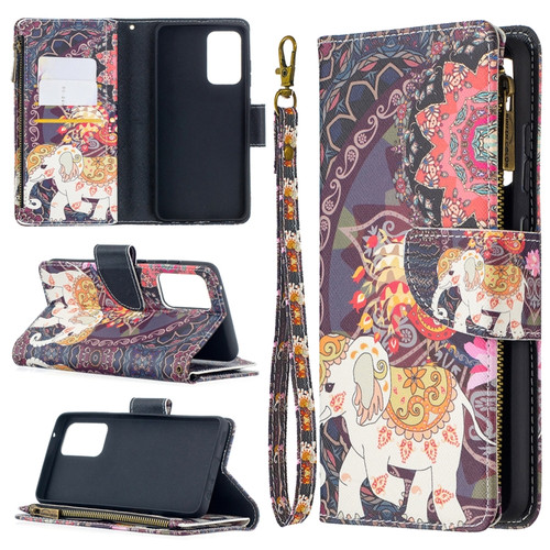 Samsung Galaxy A52 5G / 4G Colored Drawing Pattern Zipper Horizontal Flip Leather Case with Holder & Card Slots & Wallet - Flower Elephants