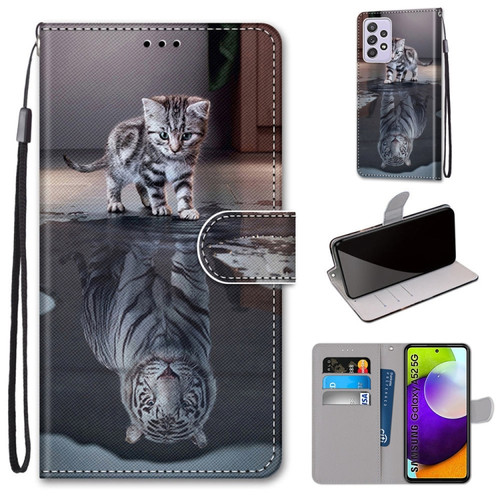 Samsung Galaxy A52 5G / 4G Coloured Drawing Cross Texture Horizontal Flip PU Leather Case with Holder & Card Slots & Wallet & Lanyard - Cat Becomes Tiger