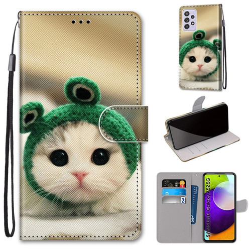 Samsung Galaxy A52 5G / 4G Coloured Drawing Cross Texture Horizontal Flip PU Leather Case with Holder & Card Slots & Wallet & Lanyard - Frog Kitten