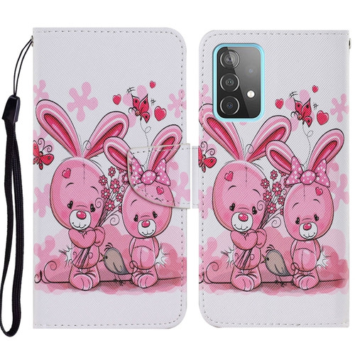 Samsung Galaxy A52 5G / 4G Coloured Drawing Pattern Horizontal Flip PU Leather Case with Holder & Card Slots & Wallet & Lanyard - Cute Rabbit