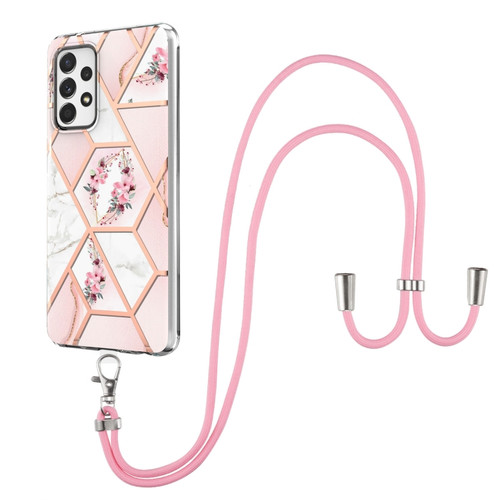 Samsung Galaxy A52 5G / 4G Electroplating Splicing Marble Flower Pattern TPU Shockproof Case with Lanyard - Pink Flower