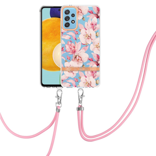 Samsung Galaxy A52 5G / 4G Flowers Series TPU Phone Case with Lanyard - Pink Gardenia