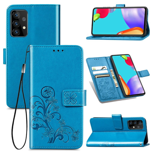 Samsung Galaxy A52 5G / 4G Four-leaf Clasp Embossed Buckle Mobile Phone Protection Leather Case with Lanyard & Card Slot & Wallet & Bracket Function - Blue