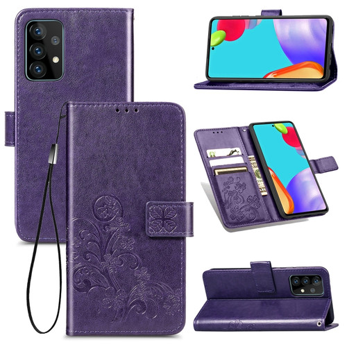 Samsung Galaxy A52 5G / 4G Four-leaf Clasp Embossed Buckle Mobile Phone Protection Leather Case with Lanyard & Card Slot & Wallet & Bracket Function - Purple