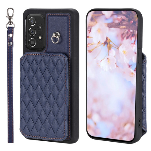 Samsung Galaxy A52 5G / 4G Grid Texture Card Bag Phone Case with Lanyard - Blue