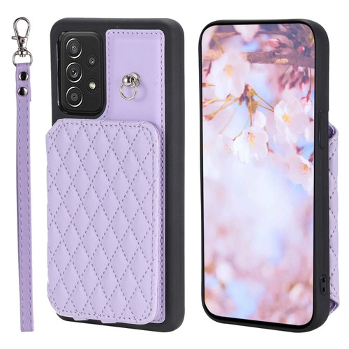 Samsung Galaxy A52 5G / 4G Grid Texture Card Bag Phone Case with Lanyard - Purple