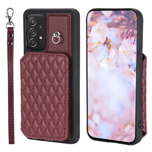 Samsung Galaxy A52 5G / 4G Grid Texture Card Bag Phone Case with Lanyard - Red