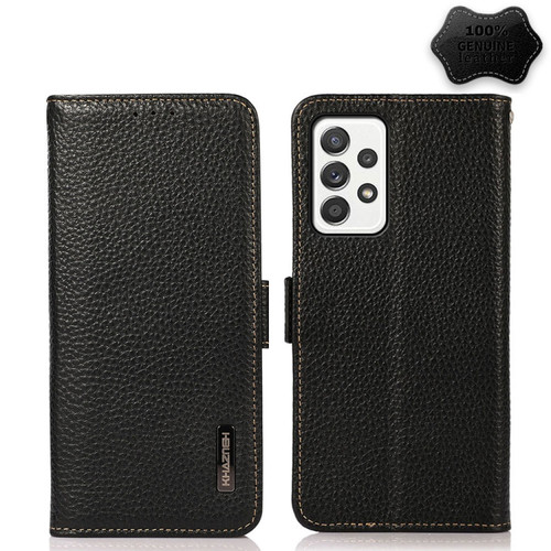 Samsung Galaxy A52 5G KHAZNEH Side-Magnetic Litchi Genuine Leather RFID Phone Case - Black