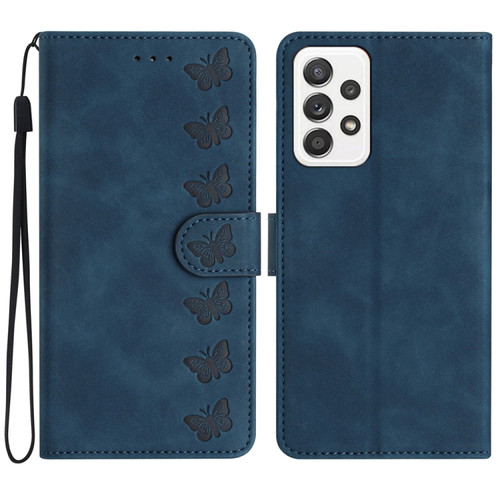Samsung Galaxy A52 5G Seven Butterflies Embossed Leather Phone Case - Blue