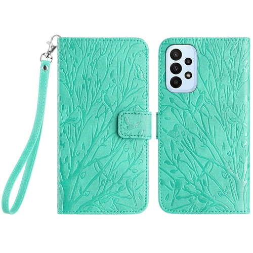 Samsung Galaxy A52 5G Tree Birds Embossed Pattern Leather Phone Case - Green