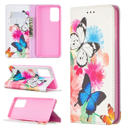 Samsung Galaxy A52 5G/ 4G Colored Drawing Pattern Invisible Magnetic Horizontal Flip PU Leather Case with Holder & Card Slots & Wallet - Two Butterflies