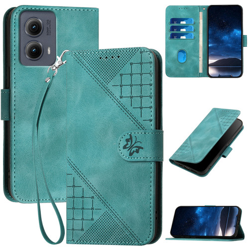 Motorola Edge 2024 5G Global YX0080 Grid Butterfly Embossed Pattern Flip Leather Phone Case with Lanyard - Light Blue