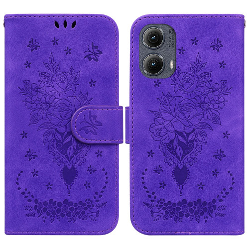 Motorola Edge 2024 Butterfly Rose Embossed Leather Phone Case - Purple