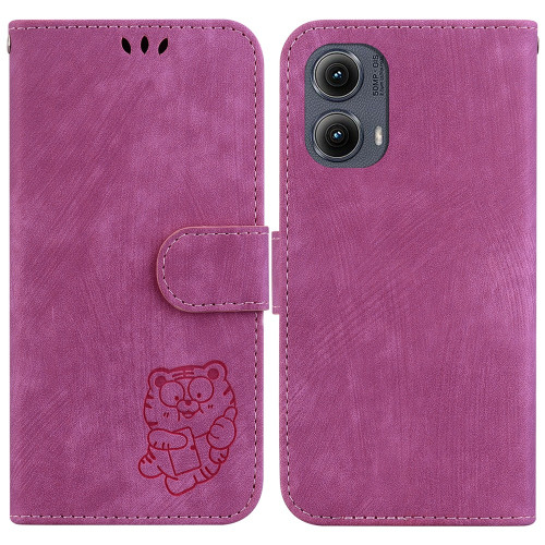 Motorola Edge 2024 Little Tiger Embossed Leather Phone Case - Rose Red