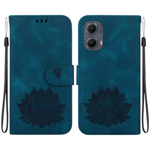 Motorola Edge 2024 Lotus Embossed Leather Phone Case - Dark Blue