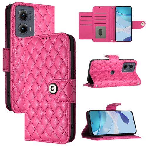 Motorola Edge 2024 Rhombic Texture Flip Leather Phone Case with Lanyard - Rose Red