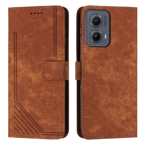 Motorola Edge 2024 Skin Feel Stripe Pattern Leather Phone Case with Long Lanyard - Brown