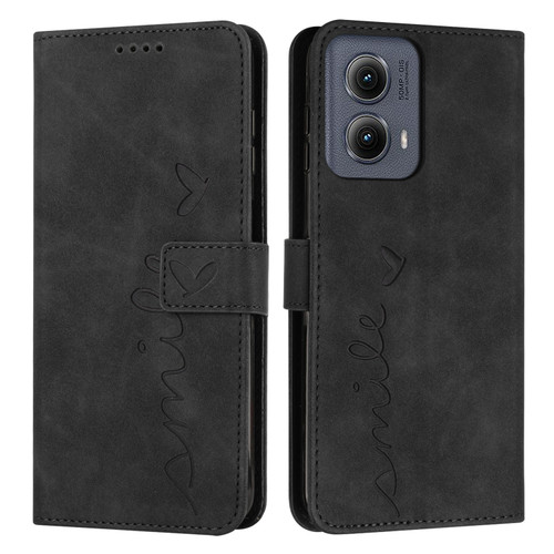 Motorola Edge 5G 2024 Skin Feel Heart Embossed Leather Phone Case with Long Lanyard - Black